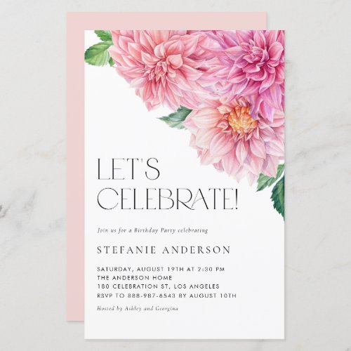 Watercolor Pink Dahlia Birthday Party Invitation