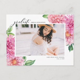 Watercolor Pink Dahlia Botanical Photo Graduation Invitation Postcard