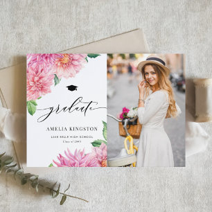 Watercolor Pink Dahlia Floral Photo Graduation Invitation