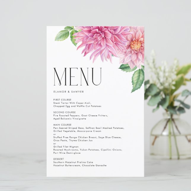 Watercolor Pink Dahlia Flowers Floral Menu Card (Standing Front)