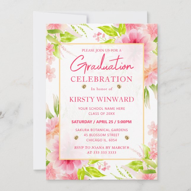 Watercolor Pink Dahlia Peony Flowers Graduation Invitation (Front)