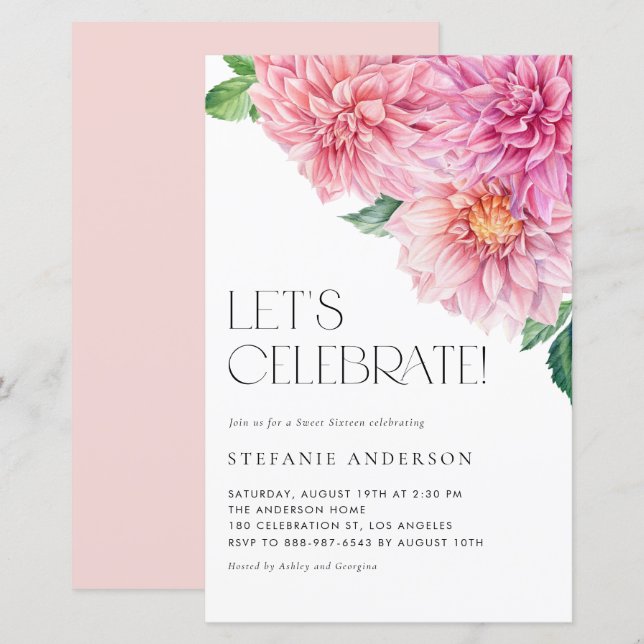 Watercolor Pink Dahlia Sweet 16 Party Invitation (Front/Back)