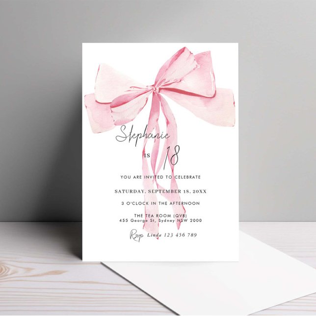 Watercolor Pink Dainty Bow 18th Birthday Invitation (Creator Uploaded)