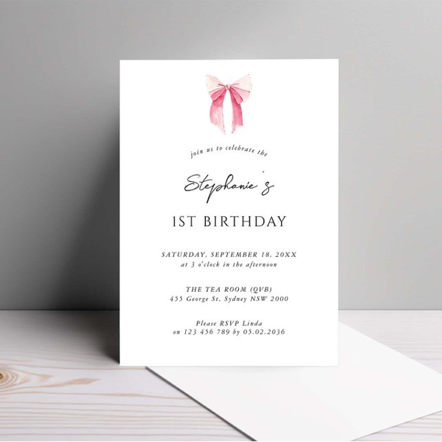 Watercolor Pink Dainty Bow 1st Birthday Invitation (Creator Uploaded)