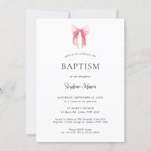 Watercolor Pink Dainty Bow Ribbon Baptism Invitation