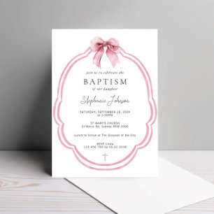 Watercolor Pink Dainty Bow Ribbon Baptism Invitation
