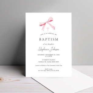 Watercolor Pink Dainty Bow Ribbon Baptism Invitation