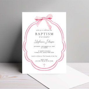 Watercolor Pink Dainty Bow Ribbon Baptism Invitation