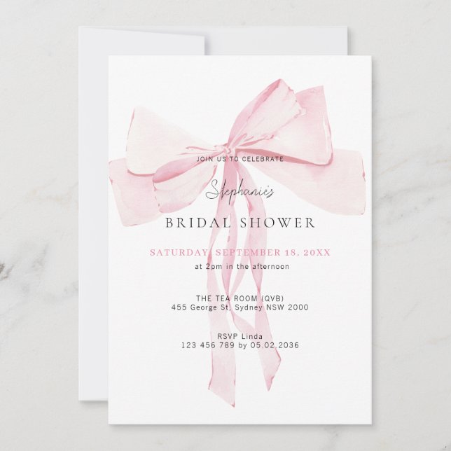 Watercolor Pink Dainty Bow Ribbon Bridal Shower Invitation (Front)