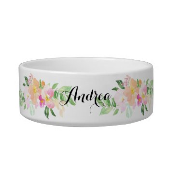 Watercolor Pink Dainty Flowers Custom Pet Name Bowl by misstallulah at Zazzle