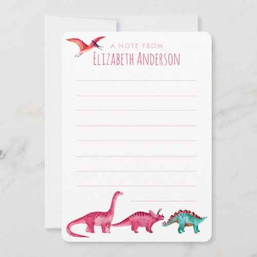Watercolor Pink Dinosaur  Note Card