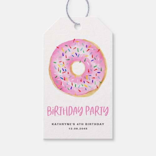 Watercolor Pink Donut Sprinkles Birthday Thank You Gift Tags
