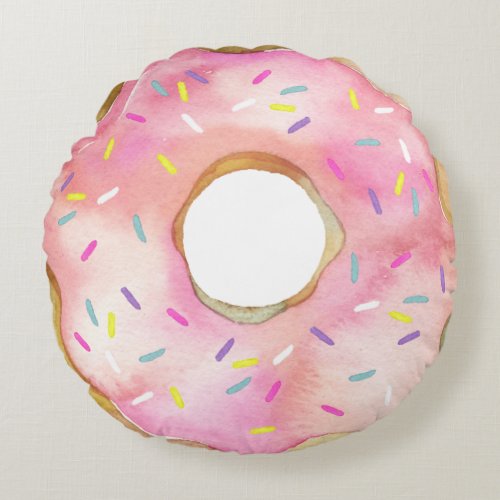 Watercolor Pink Donut Sprinkles Cute Doughnut Round Pillow