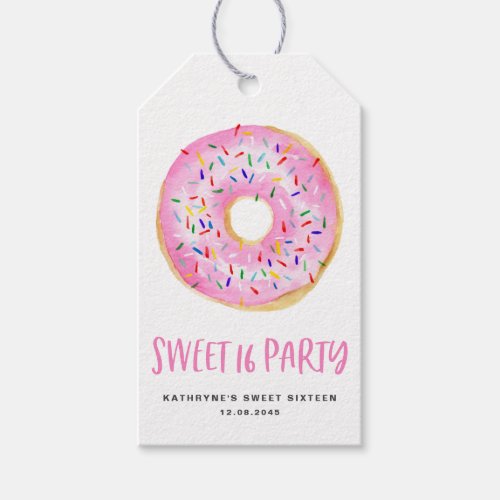 Watercolor Pink Donut Sweet Sixteen Thank You Gift Tags