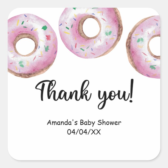 Watercolor pink donuts thank you square sticker (Front)