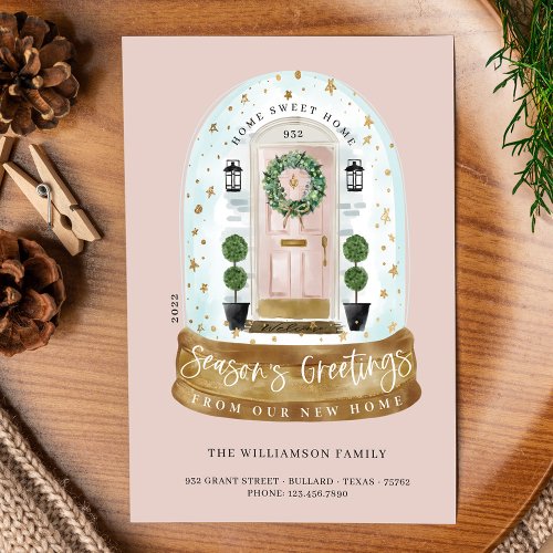 Watercolor Pink Door Snow Globe New Home Photo Holiday Card