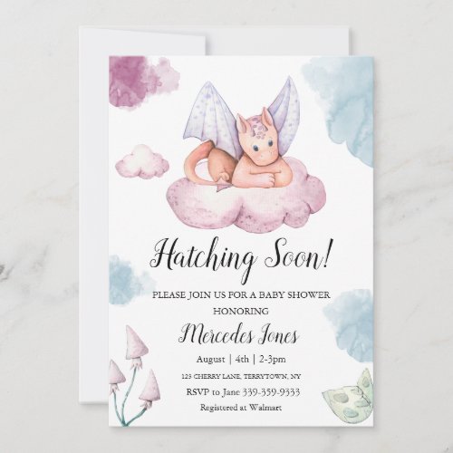Watercolor Pink Dragon on Cloud Hatching Soon  Invitation