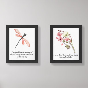 Watercolor pink dragonfly, wildflower affirmation wall art sets