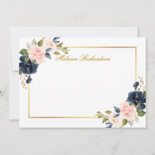Watercolor Pink Dusty Blue Floral - Choose Size - Note Card