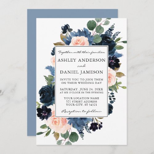 Watercolor Pink Dusty Blue Floral Frame Wedding Invitation