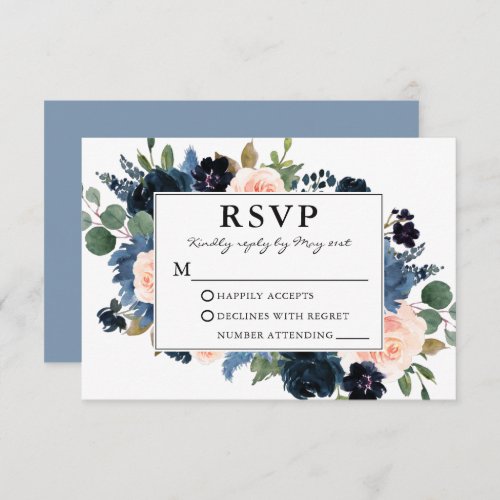 Watercolor Pink Dusty Blue Floral Frame Wedding RSVP Card