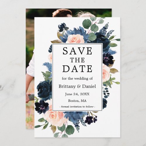 Watercolor Pink Dusty Blue Floral Photo Save The Date