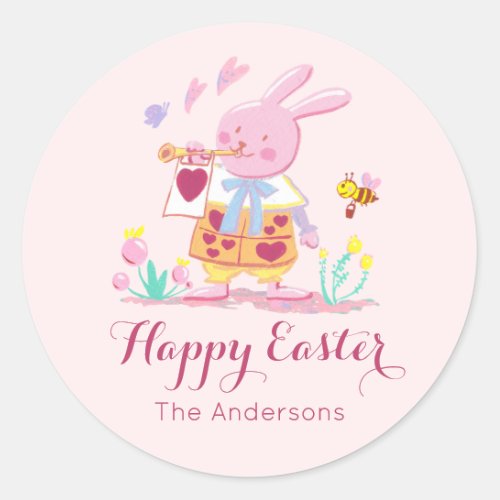 watercolor pink easter bunny in garden classic round sticker
