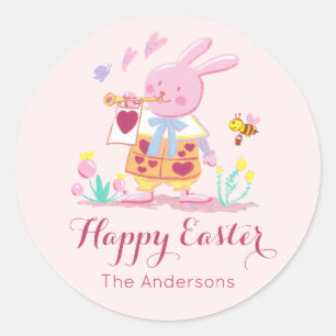 watercolor pink easter bunny in garden classic round sticker