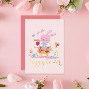 watercolor pink easter bunny in garden foil holiday card