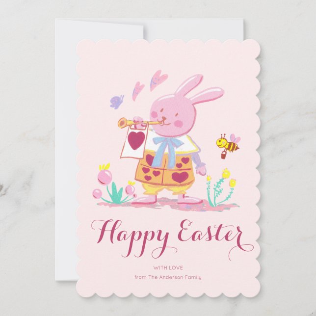 watercolor pink easter bunny in garden holiday card (Front)