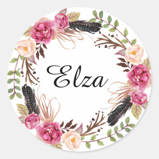Watercolor Pink Elegant Florals and feathers Classic Round Sticker | Zazzle