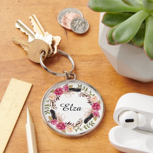 Watercolor Pink Elegant Florals and feathers girly Keychain