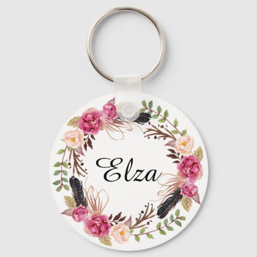 Watercolor Pink Elegant Florals and feathers Keych Keychain