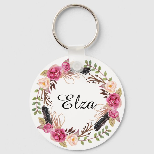 Watercolor Pink Elegant Florals and feathers Keych Keychain (Front)
