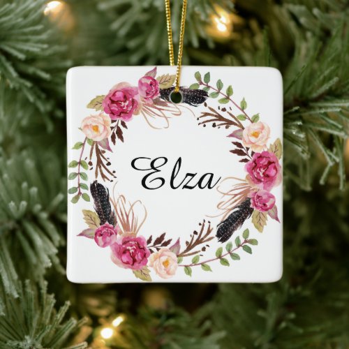 Watercolor Pink Elegant Florals and feathers Ornam Ceramic Ornament