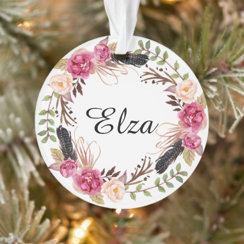 Watercolor Pink Elegant Florals and feathers  Ornament