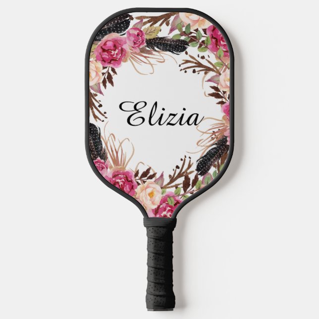Watercolor Pink Elegant Florals and feathers Pickleball Paddle (Front)