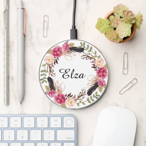 Watercolor Pink Elegant Florals and feathers  Wireless Charger