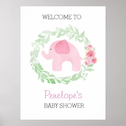 Watercolor Pink Elephant Baby Girl Shower Welcome  Poster