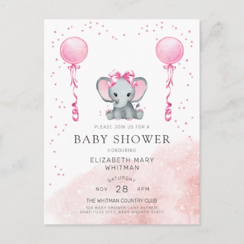 Watercolor Pink Elephant Baby Shower Invitation Postcard