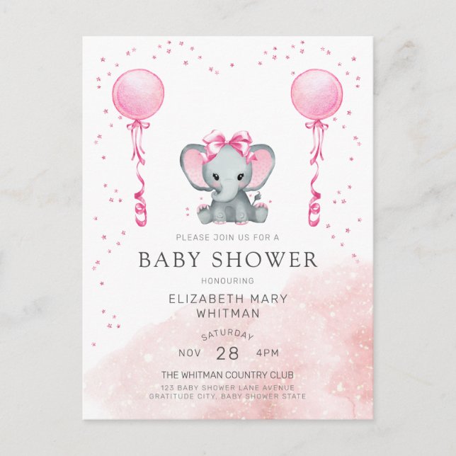 Watercolor Pink Elephant Baby Shower Invitation Postcard (Front)