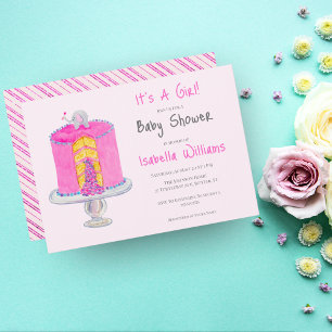 Watercolor Pink Elephant Baby Surprise Cake Baby Invitation