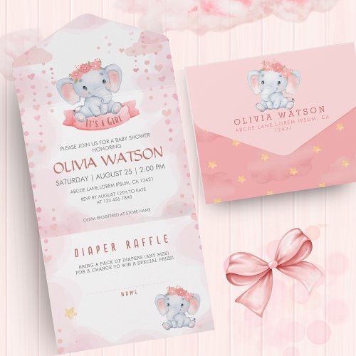 Watercolor Pink Elephant Girl Baby Shower  All In One Invitation