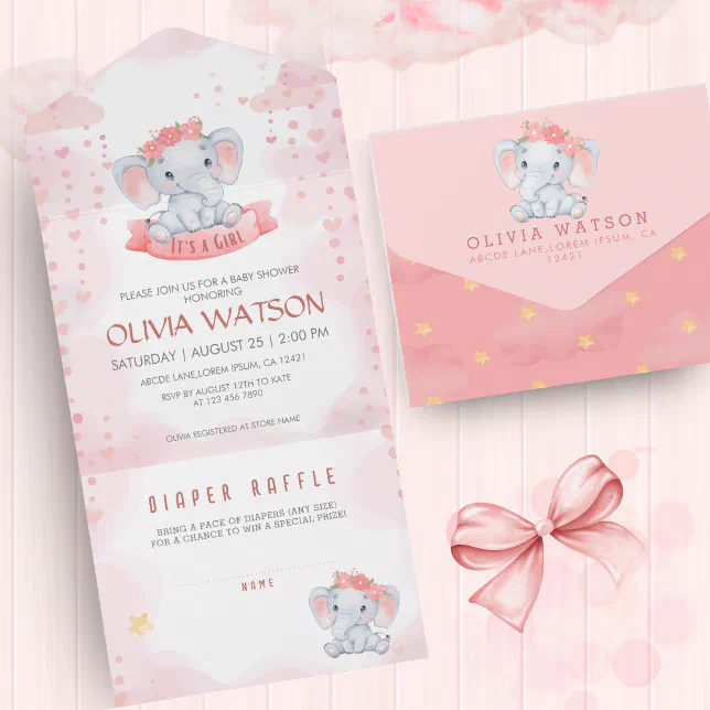 Watercolor Pink Elephant Girl Baby Shower All In One Invitation | Zazzle