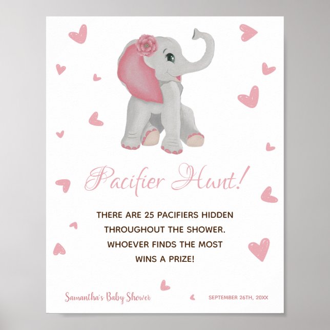 Watercolor Pink Elephant Girl Baby Shower Sign (Front)