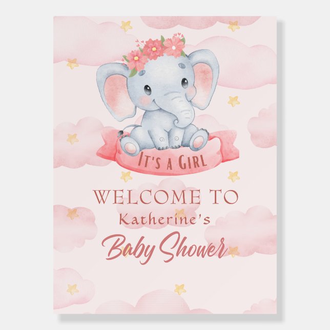 Watercolor Pink elephant Girl Baby Shower Welcome  Foam Board (Front)