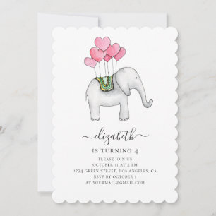 Watercolor pink elephant. Girl birthday party Invitation