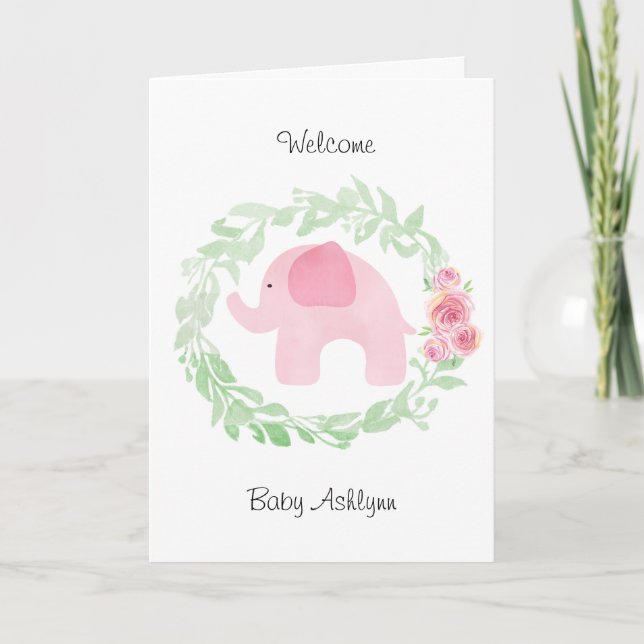 Watercolor Pink Elephant Welcome Baby Card (Front)