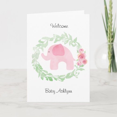 Watercolor Pink Elephant Welcome Baby Card