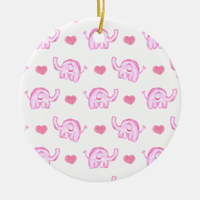 watercolor pink elephants and hearts ceramic ornament (Front)